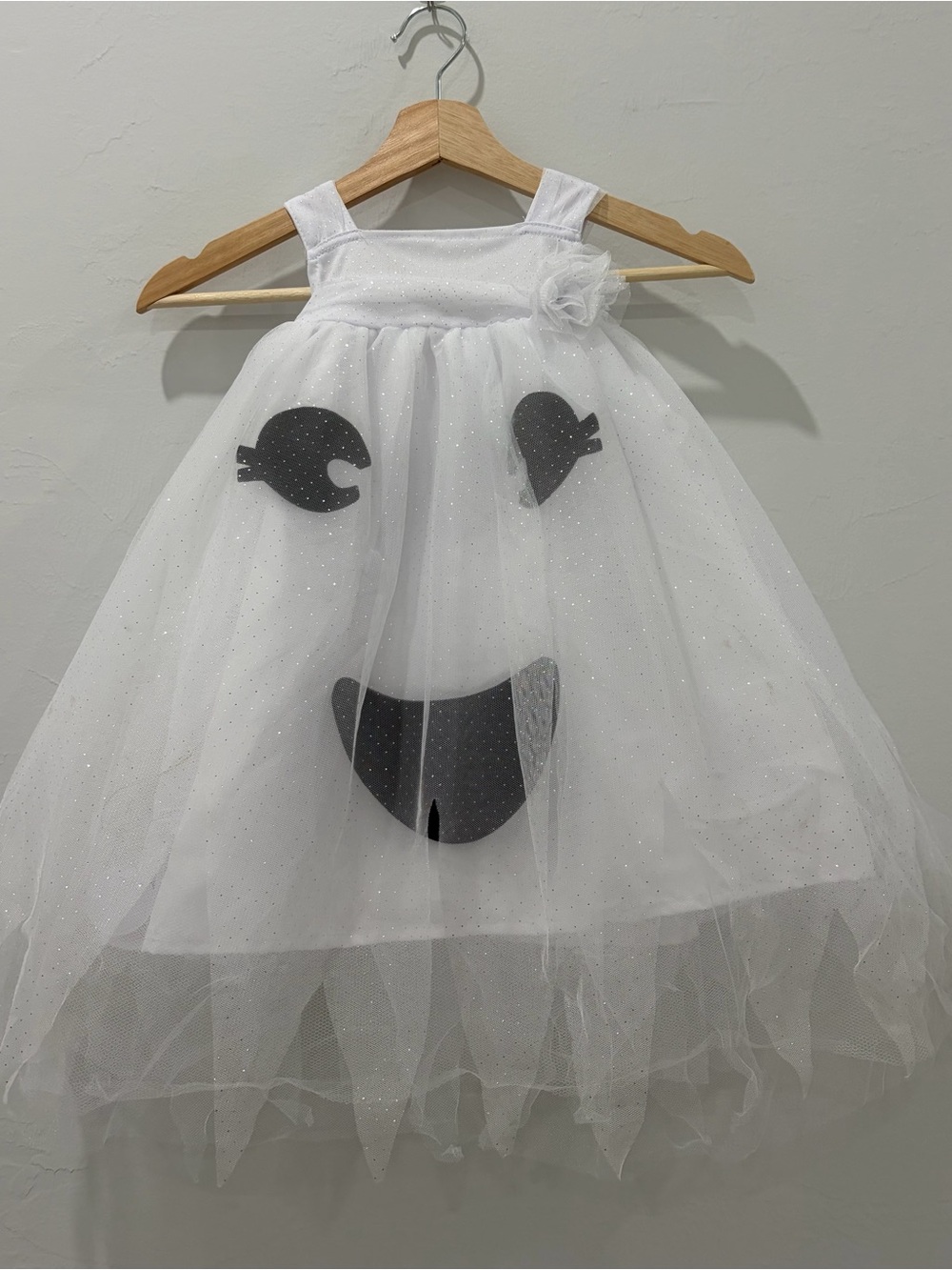 Pottery Barn Kids White Sparkle Ghost Tulle Dress with Black Face Appliqué